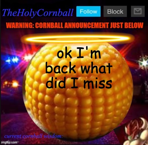 TheHolyCornball Announcement | ok I'm back what did I miss | image tagged in theholycornball announcement | made w/ Imgflip meme maker