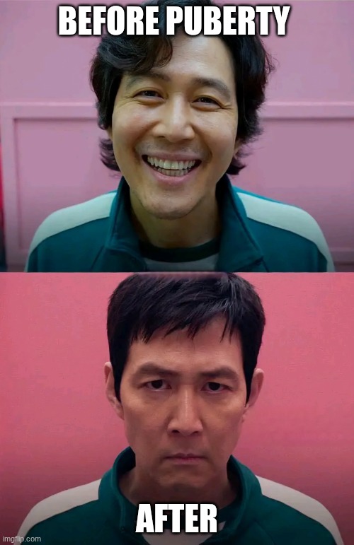 pov puberty | BEFORE PUBERTY; AFTER | image tagged in squid game | made w/ Imgflip meme maker