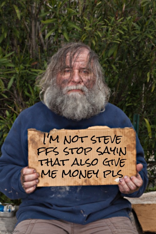 Blak Homeless Sign | I'm not steve ffs stop sayin
that also give
me money pls | image tagged in blak homeless sign | made w/ Imgflip meme maker