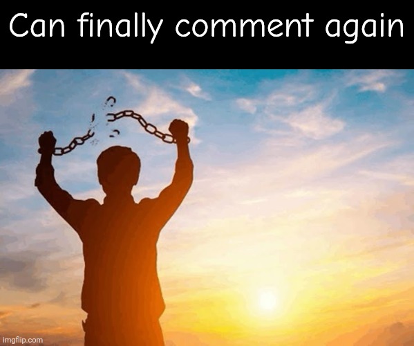 Need my mod back tho | Can finally comment again | image tagged in man breaking handcuffs | made w/ Imgflip meme maker