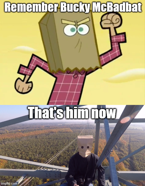 Bucky McBadbat | Remember Bucky McBadbat; That's him now | image tagged in fairly odd parents,meme,latticeclimbing,bucky mcbadbat,lattice climbing | made w/ Imgflip meme maker