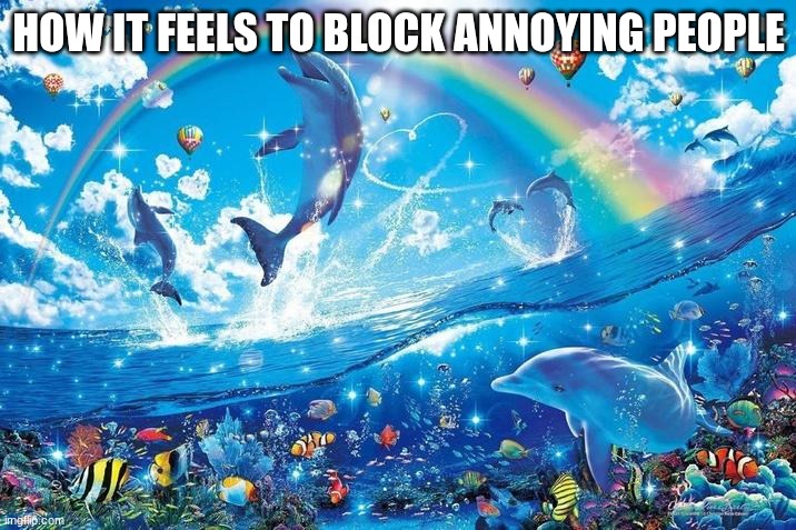 Happy dolphin rainbow | HOW IT FEELS TO BLOCK ANNOYING PEOPLE | image tagged in happy dolphin rainbow | made w/ Imgflip meme maker
