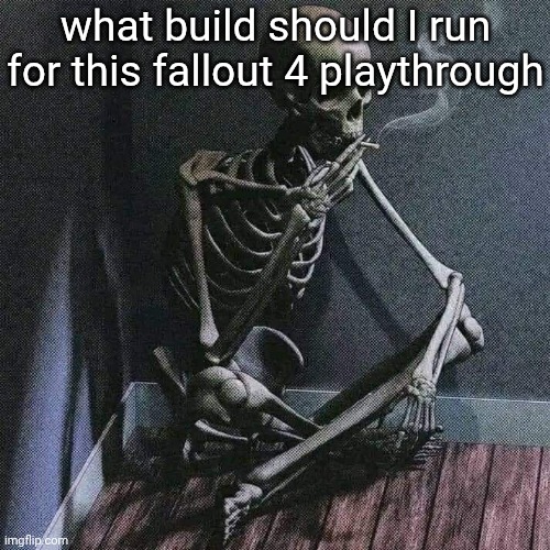 Skeleton smoke | what build should I run for this fallout 4 playthrough | image tagged in skeleton smoke | made w/ Imgflip meme maker