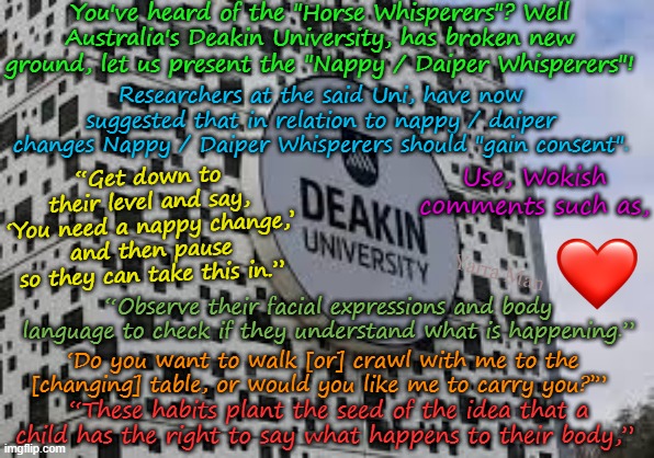 Australia's Deakin University, presents to the Woke World, the Nappy / Daiper Whisperer! | You've heard of the "Horse Whisperers"? Well Australia's Deakin University, has broken new ground, let us present the "Nappy / Daiper Whisperers"! Researchers at the said Uni, have now suggested that in relation to nappy / daiper changes Nappy / Daiper Whisperers should "gain consent". Use, Wokish comments such as, “Get down to their level and say, ‘You need a nappy change,’ and then pause so they can take this in.”; Yarra Man; “Observe their facial expressions and body language to check if they understand what is happening.”; ‘Do you want to walk [or] crawl with me to the [changing] table, or would you like me to carry you?’”; “These habits plant the seed of the idea that a child has the right to say what happens to their body,” | image tagged in self gratification by proxy,virtue signalling,far left progressive,labor labour democrat,babies,parenting | made w/ Imgflip meme maker