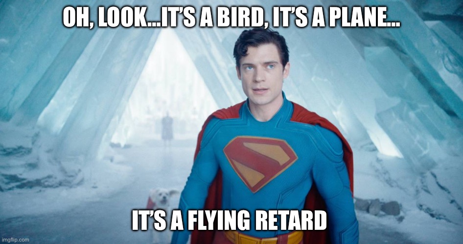 Flying | OH, LOOK…IT’S A BIRD, IT’S A PLANE…; IT’S A FLYING RETARD | image tagged in slow-learner superman,superman,funny,funny memes | made w/ Imgflip meme maker