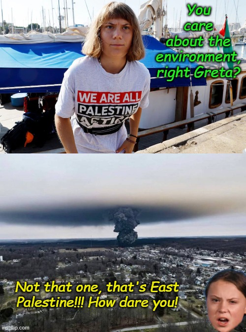 Greta and the two states of mind solution | You care about the environment, right Greta? Not that one, that's East Palestine!!! How dare you! | image tagged in greta thunburger,east palestine ohio controlled burn | made w/ Imgflip meme maker