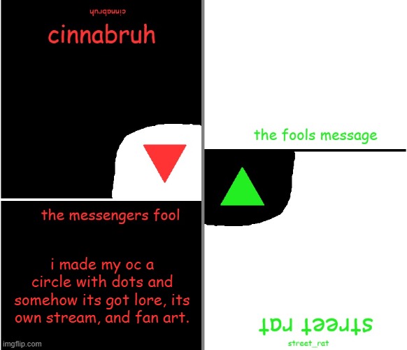 street rat n cinnabruh announcement | i made my oc a circle with dots and somehow its got lore, its own stream, and fan art. | image tagged in street rat n cinnabruh announcement | made w/ Imgflip meme maker