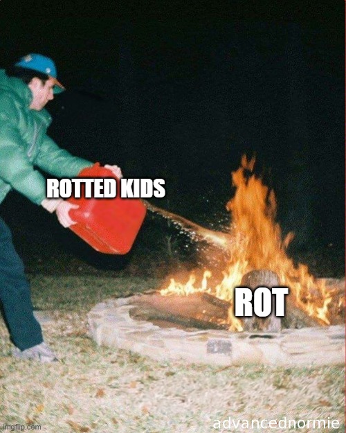 pouring gas on fire | ROTTED KIDS; ROT | image tagged in pouring gas on fire,memes,funny,fun | made w/ Imgflip meme maker