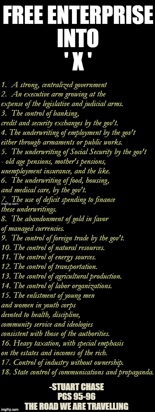 FREE ENTERPRISE
INTO
' X '; 1.  A strong, centralized government
2.  An executive arm growing at the 
expense of the legislative and judicial arms.
3.  The control of banking, 
credit and security exchanges by the gov't. 
4. The underwriting of employment by the gov't 
either through armaments or public works.
5.  The underwriting of Social Security by the gov't 
- old age pensions, mother's pensions, 
unemployment insurance, and the like.
6.  The underwriting of food, housing, 
and medical care, by the gov't.
7.  The use of deficit spending to finance 
these underwritings.
8.  The abandonment of gold in favor 
of managed currencies.
9.  The control of foreign trade by the gov't.
10. The control of natural resources.
11. The control of energy sources.
12. The control of transportation.
13. The control of agricultural production.
14. The control of labor organizations.
15. The enlistment of young men 
and women in youth corps 
devoted to health, discipline, 
community service and ideologies 
consistent with those of the authorities.
16. Heavy taxation, with special emphasis 
on the estates and incomes of the rich.
17. Control of industry without ownership.
18. State control of communications and propaganda. -STUART CHASE 
PGS 95-96 
THE ROAD WE ARE TRAVELLING | image tagged in double long black template | made w/ Imgflip meme maker