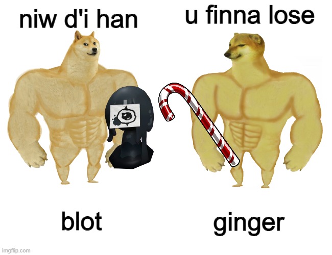 ginger vs blot- | u finna lose; niw d'i han; ginger; blot | image tagged in buff doge vs buff cheems | made w/ Imgflip meme maker
