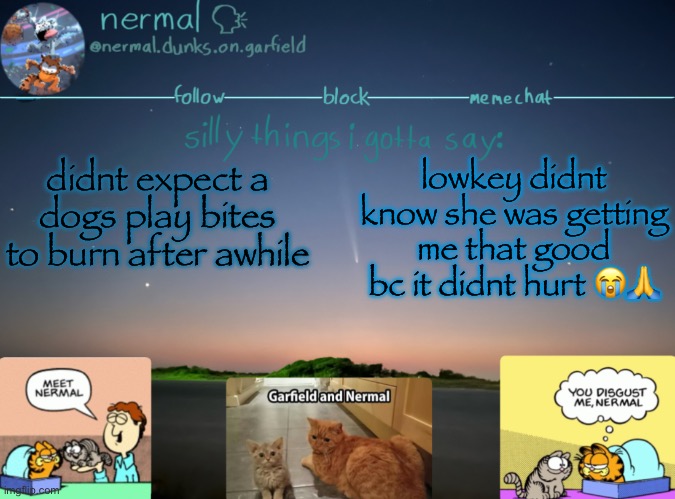 nermal :speak: | didnt expect a dogs play bites to burn after awhile; lowkey didnt know she was getting me that good bc it didnt hurt 😭🙏 | image tagged in nermal speak | made w/ Imgflip meme maker