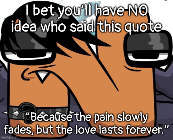 take a really good guess | I bet you’ll have NO idea who said this quote; “Because the pain slowly fades, but the love lasts forever.” | image tagged in eno | made w/ Imgflip meme maker