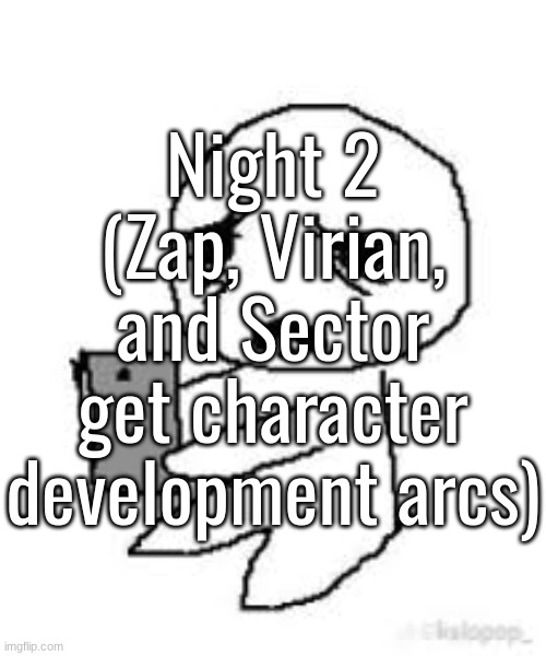 Night 2 (Zap, Virian, and Sector get character development arcs) | made w/ Imgflip meme maker