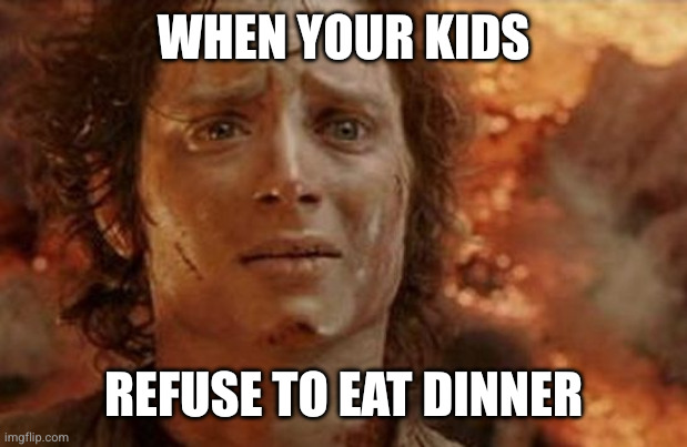 Is all lost at the dinner table? | WHEN YOUR KIDS; REFUSE TO EAT DINNER | image tagged in frodo in mt doom,memes,my precious,nutrition,it's what's for dinner,betrayal | made w/ Imgflip meme maker