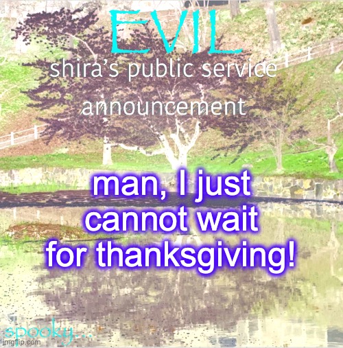 evil EVIL Shira be like: | man, I just cannot wait for thanksgiving! | image tagged in shira temp | made w/ Imgflip meme maker