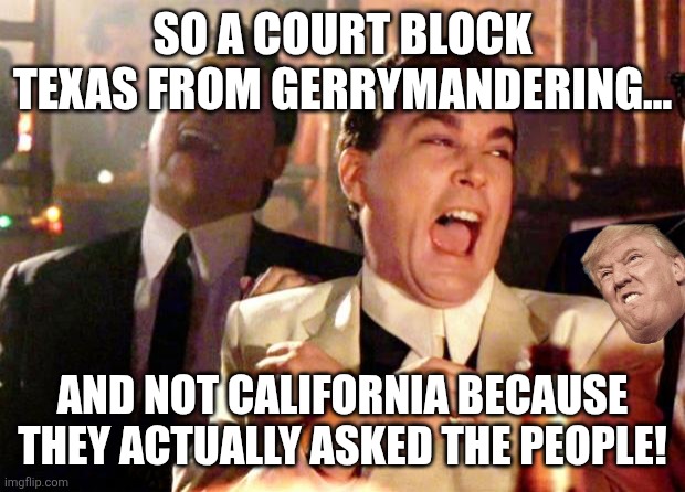 Backfiring! | SO A COURT BLOCK TEXAS FROM GERRYMANDERING... AND NOT CALIFORNIA BECAUSE THEY ACTUALLY ASKED THE PEOPLE! | image tagged in donald trump,trump,maga,nevertrump,republican,conservative | made w/ Imgflip meme maker