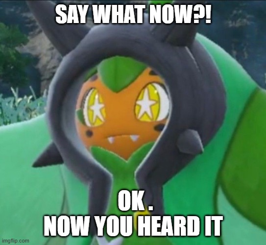 Ogerpon | SAY WHAT NOW?! OK . NOW YOU HEARD IT | image tagged in ogerpon's straight face | made w/ Imgflip meme maker