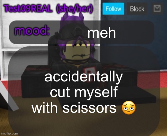 Test09 Jane Doe temp v2 | meh; accidentally cut myself with scissors 🫩 | image tagged in test09 jane doe temp v2 | made w/ Imgflip meme maker
