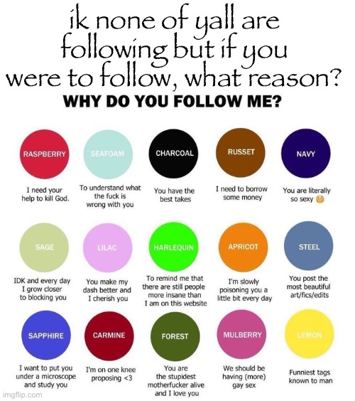 Why Do You Follow Me Circles | ik none of yall are following but if you were to follow, what reason? | image tagged in why do you follow me circles | made w/ Imgflip meme maker