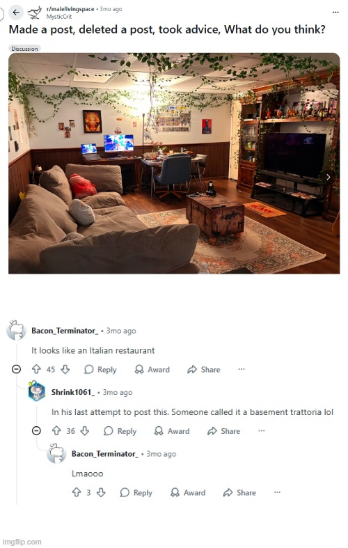 image tagged in living room,italian,restaurant,italian restaurant,basement,trattoria | made w/ Imgflip meme maker