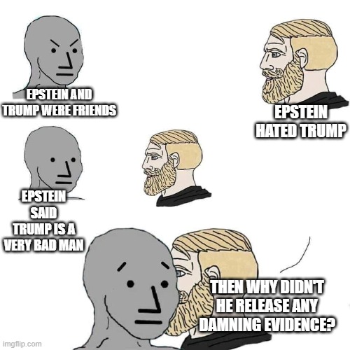 The NPC fears the alpha man | EPSTEIN HATED TRUMP; EPSTEIN AND TRUMP WERE FRIENDS; EPSTEIN SAID TRUMP IS A VERY BAD MAN; THEN WHY DIDN'T HE RELEASE ANY DAMNING EVIDENCE? | image tagged in the npc fears the alpha man | made w/ Imgflip meme maker