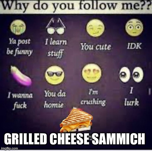 Repost this image to be ignored or maybe get comments idk | GRILLED CHEESE SAMMICH | image tagged in extra freaky why do you follow me | made w/ Imgflip meme maker