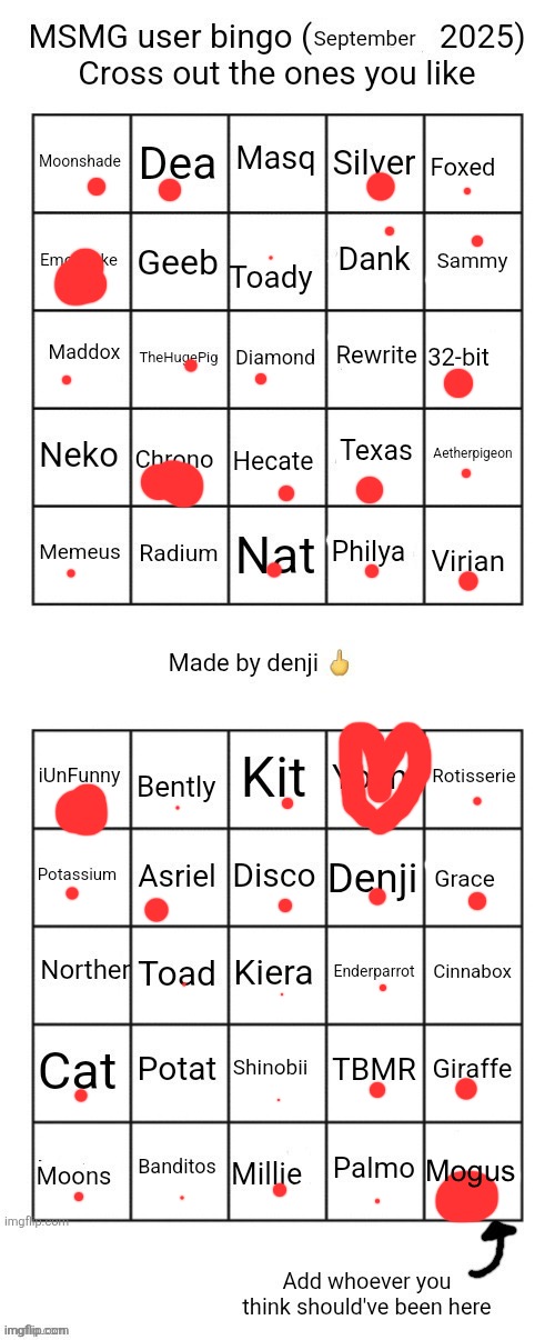 I like almost all the users on the bingo so the bigger the dot, the more I like you | Mogus | image tagged in msmg user bingo september 2025 cross the one you like | made w/ Imgflip meme maker