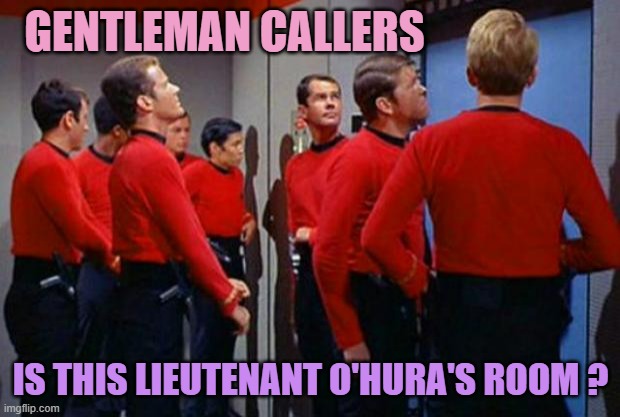 Star Trek Red Shirts | GENTLEMAN CALLERS IS THIS LIEUTENANT O'HURA'S ROOM ? | image tagged in star trek red shirts | made w/ Imgflip meme maker