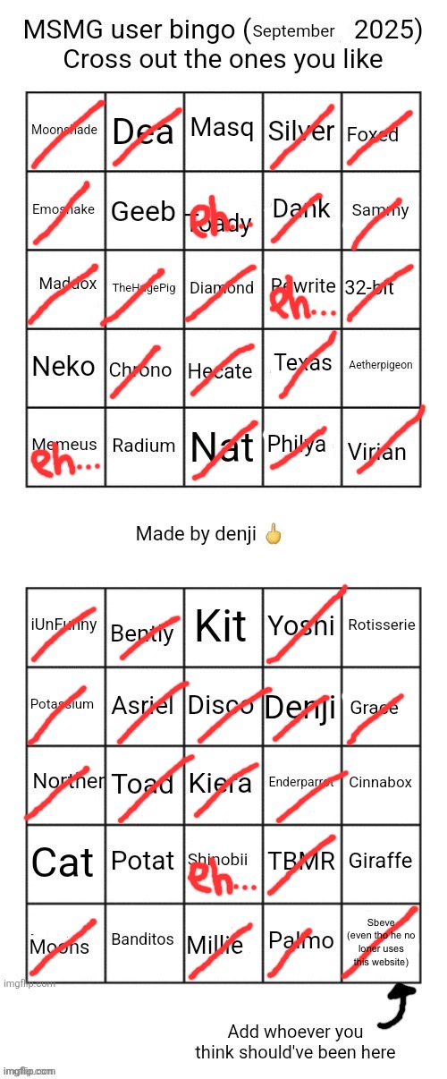 MSMG user bingo (September 2025) cross the one you like | Sbeve (even tho he no loner uses this website) | image tagged in msmg user bingo september 2025 cross the one you like | made w/ Imgflip meme maker