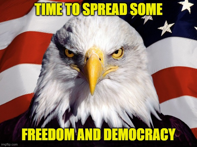 TIME TO SPREAD SOME FREEDOM AND DEMOCRACY | image tagged in freedom eagle | made w/ Imgflip meme maker