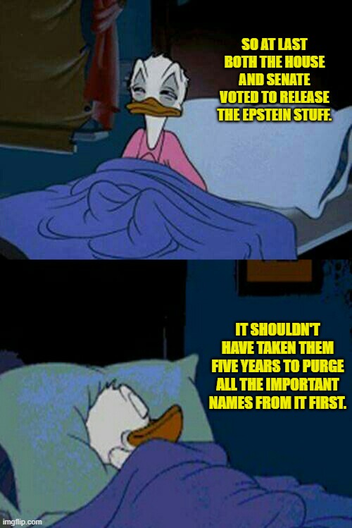 Yes, guilty leftists and RINOs, I am talking about YOU. | SO AT LAST BOTH THE HOUSE AND SENATE VOTED TO RELEASE THE EPSTEIN STUFF. IT SHOULDN'T HAVE TAKEN THEM FIVE YEARS TO PURGE ALL THE IMPORTANT NAMES FROM IT FIRST. | image tagged in sleepy donald duck in bed | made w/ Imgflip meme maker
