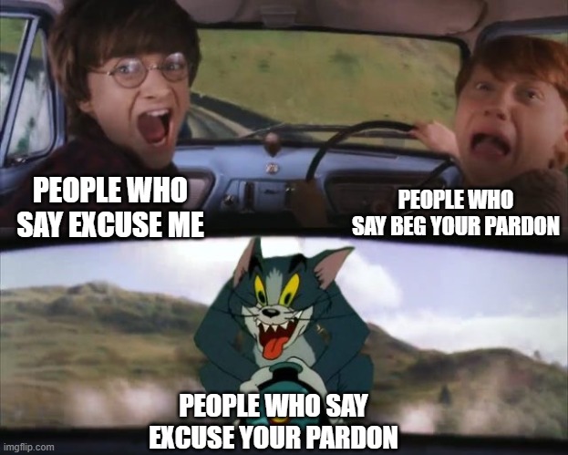 this is built different | PEOPLE WHO SAY BEG YOUR PARDON; PEOPLE WHO SAY EXCUSE ME; PEOPLE WHO SAY EXCUSE YOUR PARDON | image tagged in tom chasing harry and ron weasly | made w/ Imgflip meme maker