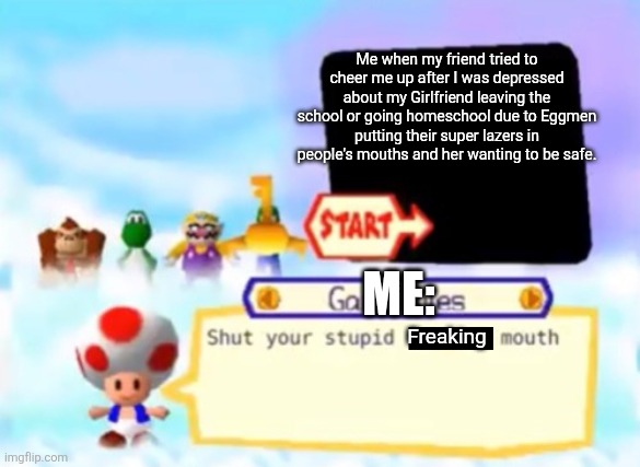 I didn't actually tell him this but I wasn't in the mood for his crap. This is actually real btw. | Me when my friend tried to cheer me up after I was depressed about my Girlfriend leaving the school or going homeschool due to Eggmen putting their super lazers in people's mouths and her wanting to be safe. ME:; Freaking | image tagged in toad being a savage,highschool | made w/ Imgflip meme maker