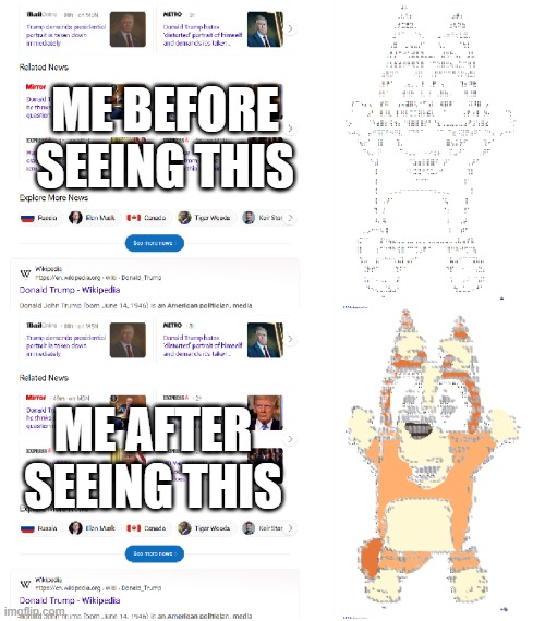 ME BEFORE SEEING THIS ME AFTER SEEING THIS | image tagged in donald trump bingo heeler | made w/ Imgflip meme maker