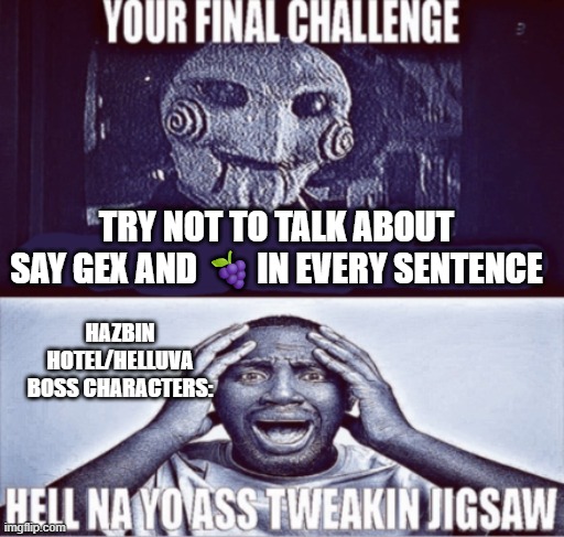 TRY NOT TO TALK ABOUT SAY GEX AND ?IN EVERY SENTENCE HAZBIN HOTEL/HELLUVA BOSS CHARACTERS: | image tagged in your final challenge | made w/ Imgflip meme maker