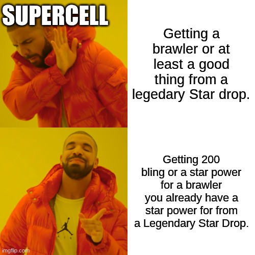 Drake Hotline Bling | SUPERCELL; Getting a brawler or at least a good thing from a legedary Star drop. Getting 200 bling or a star power for a brawler you already have a star power for from a Legendary Star Drop. | image tagged in memes,drake hotline bling,brawl stars | made w/ Imgflip meme maker