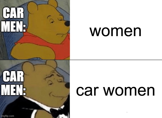 hehe cars | CAR MEN:; women; car women; CAR MEN: | image tagged in memes,tuxedo winnie the pooh | made w/ Imgflip meme maker
