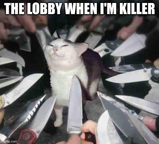 And yet i still cook 7/10 of the time | THE LOBBY WHEN I'M KILLER | image tagged in knife cat | made w/ Imgflip meme maker
