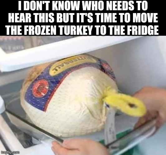 I Don't Know Who Needs To Hear This But It's Time To Move The Frozen Turkey To The Fridge | I DON'T KNOW WHO NEEDS TO HEAR THIS BUT IT'S TIME TO MOVE THE FROZEN TURKEY TO THE FRIDGE | image tagged in chrisjoines1 | made w/ Imgflip meme maker