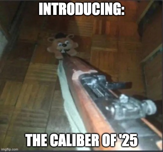 Gun pointing at freddy | INTRODUCING:; THE CALIBER OF '25 | image tagged in gun pointing at freddy | made w/ Imgflip meme maker