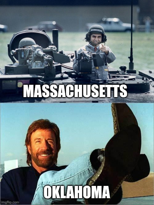 MASSACHUSETTS OKLAHOMA | image tagged in dukakis tank,chuck norris says | made w/ Imgflip meme maker