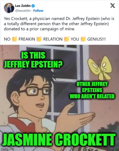 The "H" in Jasmine Crockett Stands for Honesty | IS THIS JEFFREY EPSTEIN? OTHER JEFFREY EPSTEINS WHO AREN'T RELATED; JASMINE CROCKETT | image tagged in memes,is this a pigeon | made w/ Imgflip meme maker