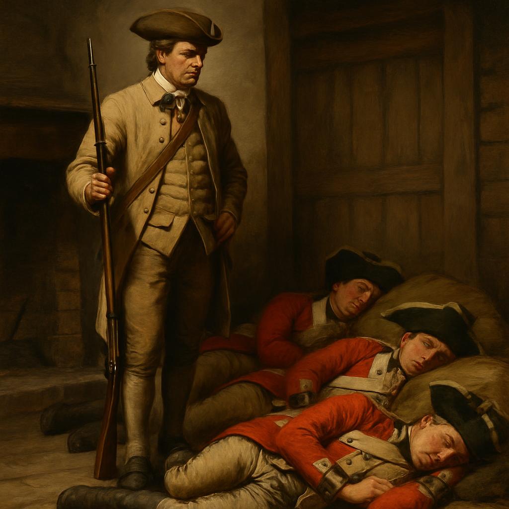 colonial American standing over sleeping colonial British soldie Blank Meme Template