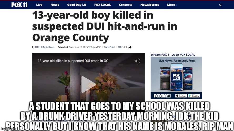 https://www.foxla.com/news/13-year-old-boy-killed-suspected-hit-and-run-orange-county | A STUDENT THAT GOES TO MY SCHOOL WAS KILLED BY A DRUNK DRIVER YESTERDAY MORNING. IDK THE KID PERSONALLY BUT I KNOW THAT HIS NAME IS MORALES. RIP MAN | image tagged in drunk driving,drunk,13,crying salute | made w/ Imgflip meme maker