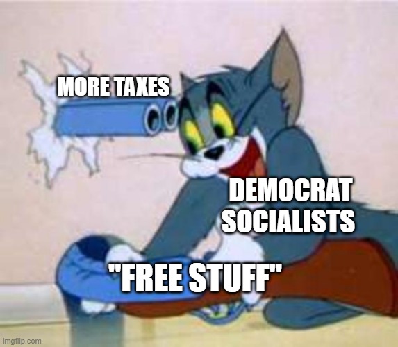 Self-Destruction | MORE TAXES; DEMOCRAT SOCIALISTS; "FREE STUFF" | image tagged in tom the cat shooting himself,memes,politics | made w/ Imgflip meme maker