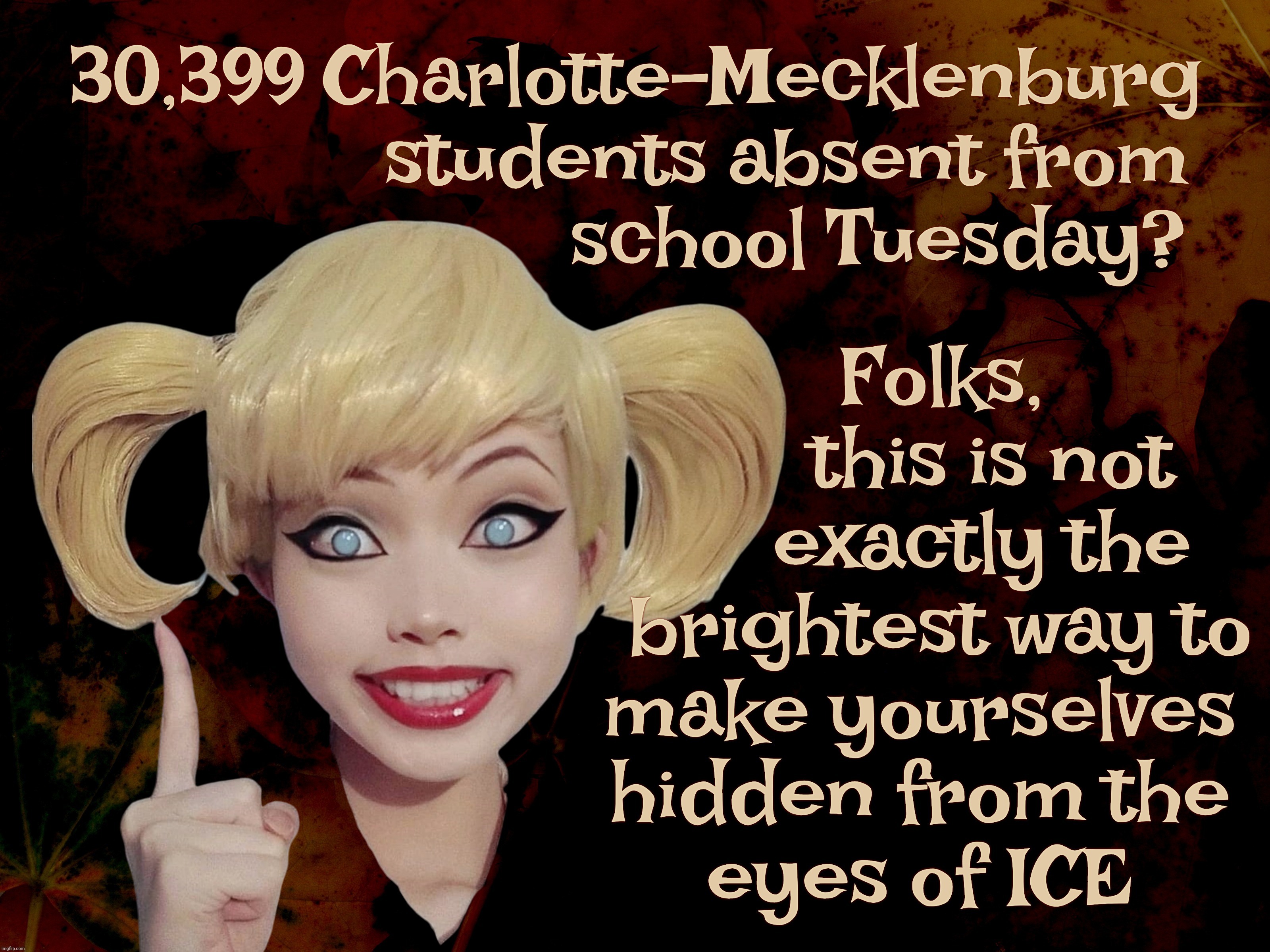 30,399 Charlotte-Mecklenburg
               students absent from
                        school Tuesday? Folks,
       this is not
      exactly the
  brightest way to
make yourselves
hidden from the
eyes of ICE | made w/ Imgflip meme maker