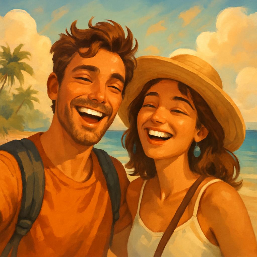 Happy couple enjoying their vacation Blank Meme Template