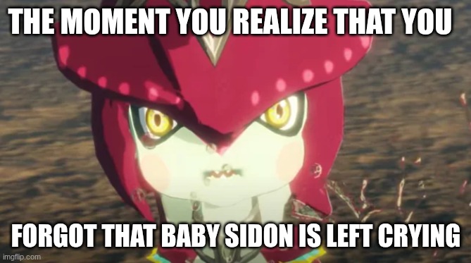 Baby sidon | THE MOMENT YOU REALIZE THAT YOU; FORGOT THAT BABY SIDON IS LEFT CRYING | image tagged in baby sidon,legend of zelda,zelda,the legend of zelda,the legend of zelda breath of the wild,sidon | made w/ Imgflip meme maker