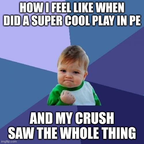 I completed my mission | HOW I FEEL LIKE WHEN DID A SUPER COOL PLAY IN PE; AND MY CRUSH SAW THE WHOLE THING | image tagged in memes,success kid | made w/ Imgflip meme maker