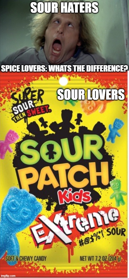 SOUR HATERS; SPICE LOVERS: WHATS THE DIFFERENCE? SOUR LOVERS | image tagged in memes,scary harry,extreme sour patch | made w/ Imgflip meme maker
